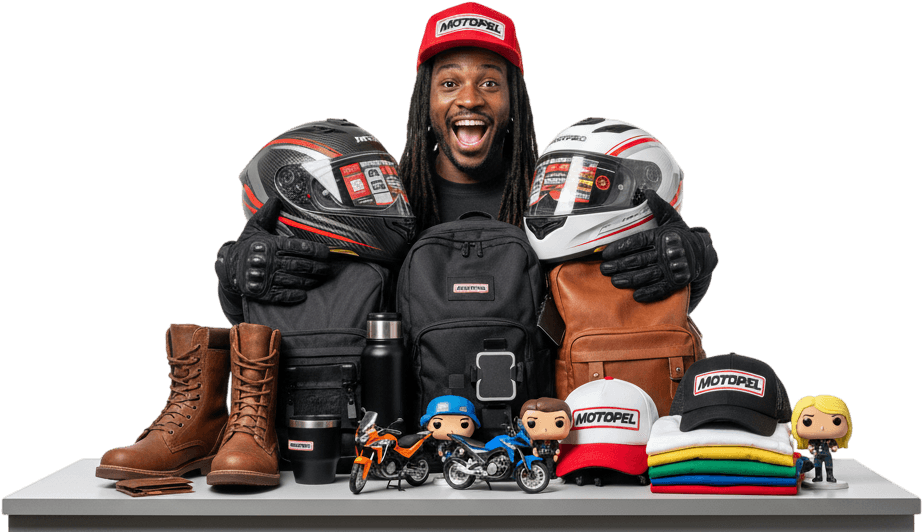 Produtos Motopel: capacetes, mochilas, botas, miniaturas, bonés e camisetas