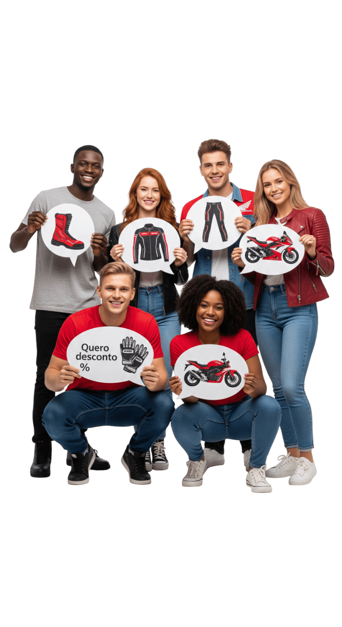 Grupo de pessoas segurando itens de motociclismo